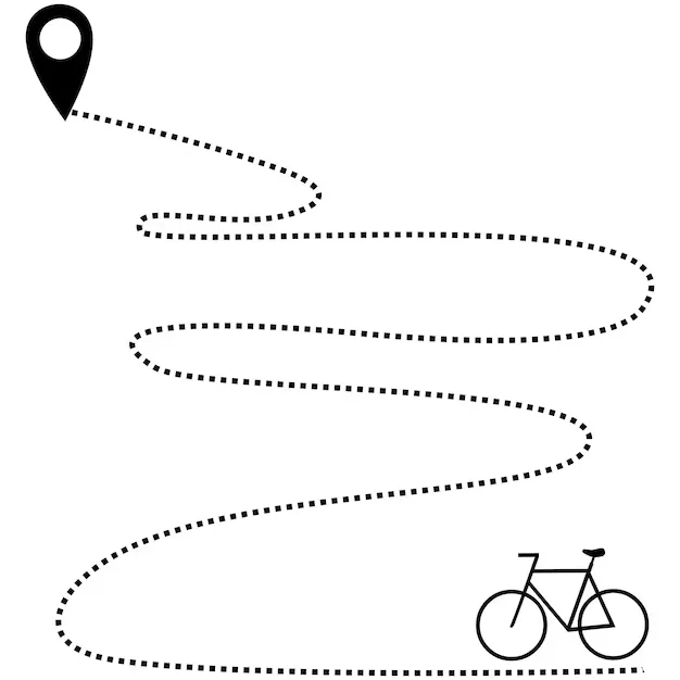 Illustration of a cycling route map with waypoints and path markers representing ride planning
